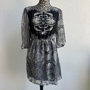 Angie Vintage black & gray floral dress with 3/4 sleeves